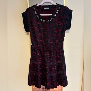 Pinko A-Line Ruffle Mini Dress Cap Sleeve Rhinestone Neck